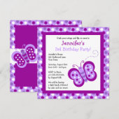 Cute Paarse Butterfly & Polka Dots Birthday Invite Kaart (Voorkant / Achterkant)
