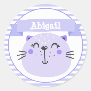 Cute Paarse Cat Gepersonaliseerd Ronde Sticker