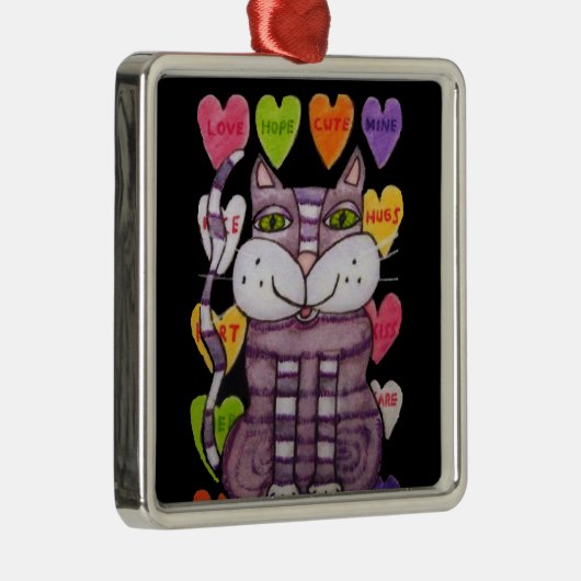 Cute Paarse Cat Green Eyes Snoep Hearts Black Metalen Ornament (Rechts)