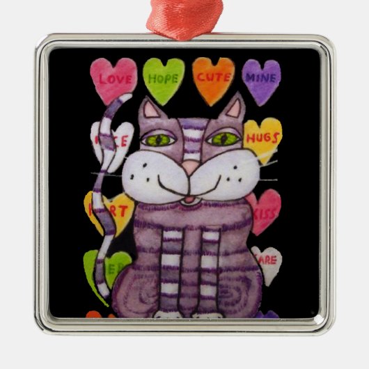 Cute Paarse Cat Green Eyes Snoep Hearts Black Metalen Ornament (Voorkant)