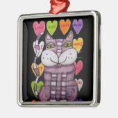 Cute Paarse Cat Green Eyes Snoep Hearts Black Metalen Ornament (Links)