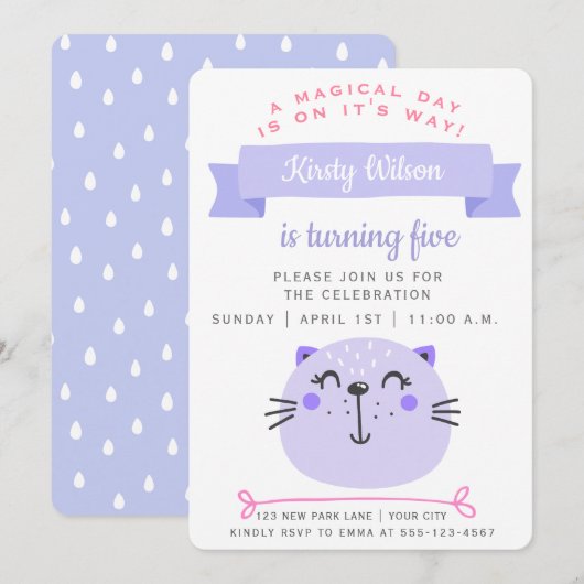 Cute Paarse Cat | Kinderen van Birthday Kaart (Voorkant / Achterkant)