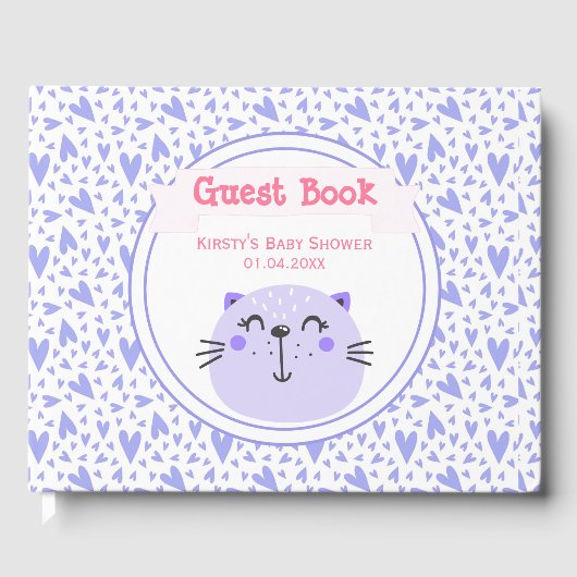 Cute Paarse Cat | Lila Baby shower harten Gastenboek (Voorkant)