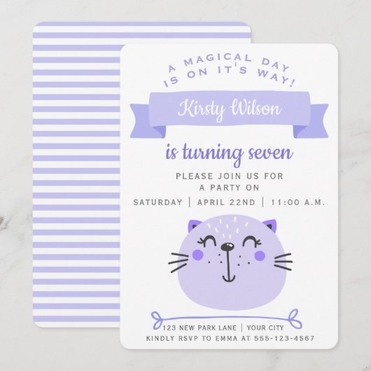 Cute Paarse Cat | Lila strips - Kinderen van de ge Kaart (Voorkant / Achterkant)