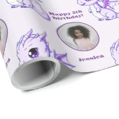 Cute Paarse Chibi Dragon Custom Photo Text Cadeaupapier (Rol Hoek)
