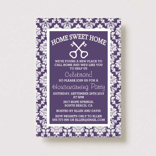 Cute Paarse Damask Home Sweet Home Houwarming Kaart