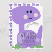 Cute Paarse Dinosaur Birthday Invitation Kaart (Voorkant / Achterkant)