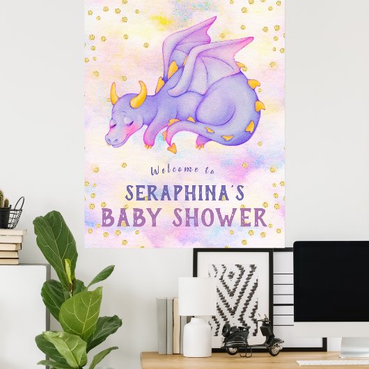 Cute Paarse Dragon Baby shower Poster (Thuiskantoor)