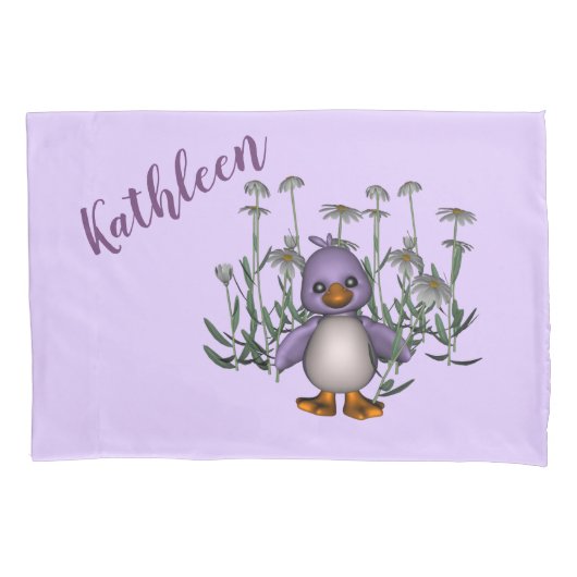 Cute Paarse Duck Daisy Flowers gepersonaliseerd Kussensloop (Voorkant)