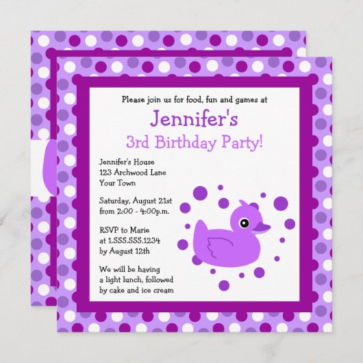 Cute Paarse Ducky met Polka Dots Birthday Invite Kaart (Voorkant / Achterkant)