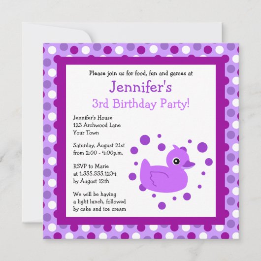 Cute Paarse Ducky met Polka Dots Birthday Invite Kaart (Voorkant)
