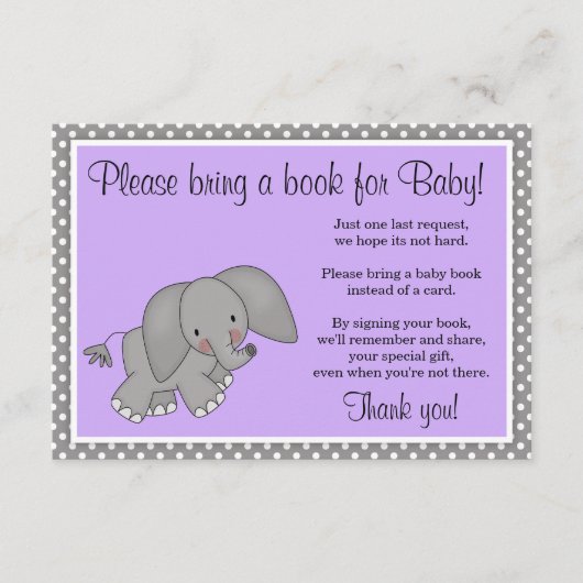 Cute Paarse Elephant Baby shower Book Request Informatiekaartje (Voorkant)
