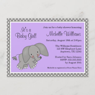 Cute Paarse Elephant Girl Baby shower Kaart