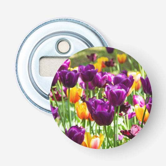 Cute paarse en gele tulpen button flesopener (Voorkant)