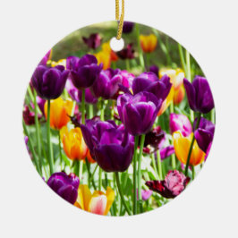 Cute paarse en gele tulpen keramisch ornament