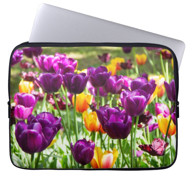 Cute paarse en gele tulpen laptop sleeve (Voorkant)