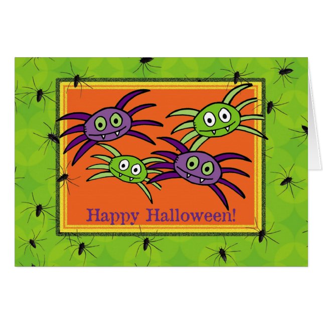 Cute Paarse en Green Spiders Halloween Kaart (Voorkant Horizontaal)
