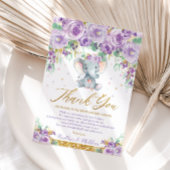 Cute Paarse Floral Elephant Baby shower Baby Girl Bedankkaart