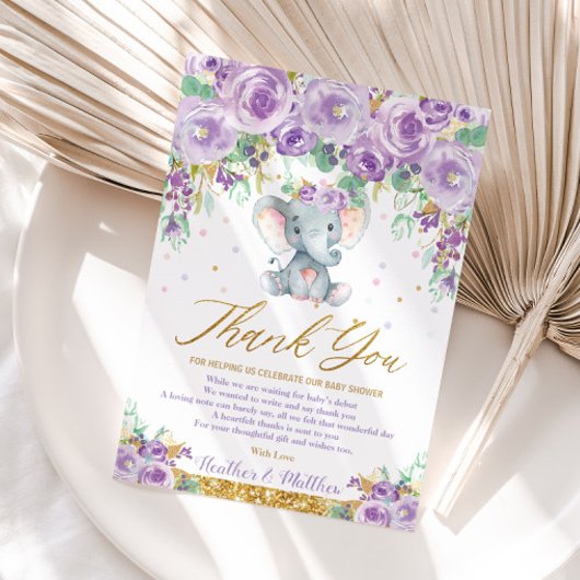 Cute Paarse Floral Elephant Baby shower Baby Girl Bedankkaart