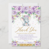 Cute Paarse Floral Elephant Baby shower Baby Girl Bedankkaart (Voorkant)