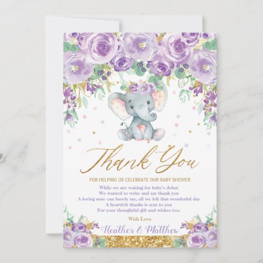 Cute Paarse Floral Elephant Baby shower Baby Girl Bedankkaart (Voorkant)