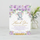 Cute Paarse Floral Elephant Baby shower Baby Girl Bedankkaart (Staand voorkant)