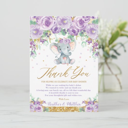 Cute Paarse Floral Elephant Baby shower Baby Girl Bedankkaart (Staand voorkant)