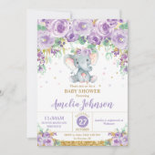 Cute Paarse Floral Elephant Baby shower Baby Girl Kaart (Voorkant)