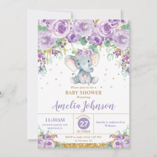 Cute Paarse Floral Elephant Baby shower Baby Girl Kaart (Voorkant)