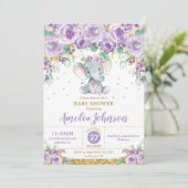 Cute Paarse Floral Elephant Baby shower Baby Girl Kaart (Staand voorkant)
