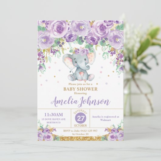 Cute Paarse Floral Elephant Baby shower Baby Girl Kaart (Staand voorkant)