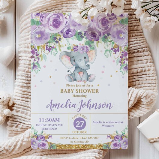 Cute Paarse Floral Elephant Baby shower Baby Girl Kaart