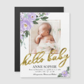 Cute Paarse Floral Photo Birth Announcement Cards (Voorkant / Achterkant)