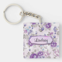 Cute Paarse Floral Sleutelhanger