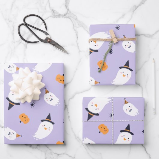 Cute Paarse Ghost en Pumpkin Inpakpapier Vel (Voorkant)