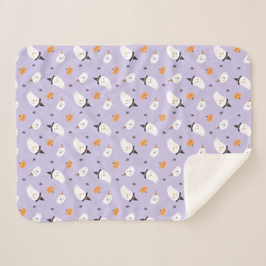Cute Paarse Ghost en Pumpkin Sherpa Deken (Voorkant (horizontaal))