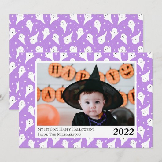 Cute Paarse Ghost Halloween-fotokaart Aankondiging (Voorkant / Achterkant)