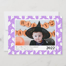 Cute Paarse Ghost Halloween-fotokaart Aankondiging