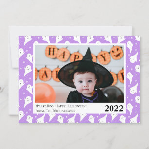 Cute Paarse Ghost Halloween-fotokaart Aankondiging
