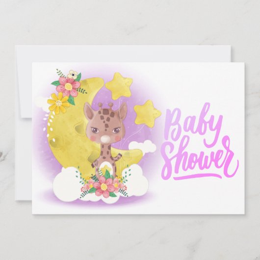 Cute Paarse Giraffe Baby shower Uitnodiging (Voorkant)