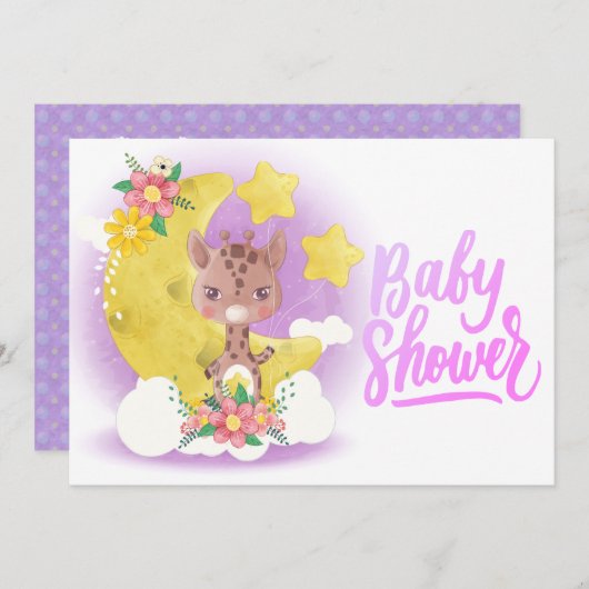 Cute Paarse Giraffe Baby shower Uitnodiging (Voorkant / Achterkant)