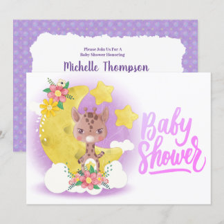 Cute Paarse Giraffe Baby shower Uitnodiging