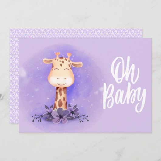 Cute Paarse Giraffe Baby shower Uitnodiging (Voorkant / Achterkant)