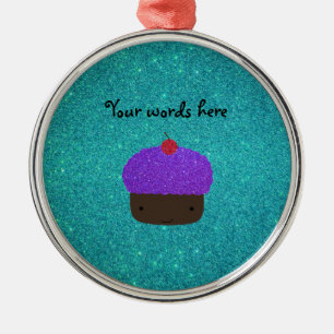 Cute paarse glitter cupcake turkooizen glitter metalen ornament