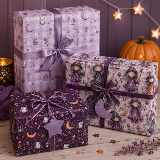 Cute Paarse Heks & Uil Halloween Cadeau Inpakpapier Vel
