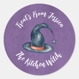 Cute Paarse Kitchen Witch Halloween Baking Treks Ronde Sticker