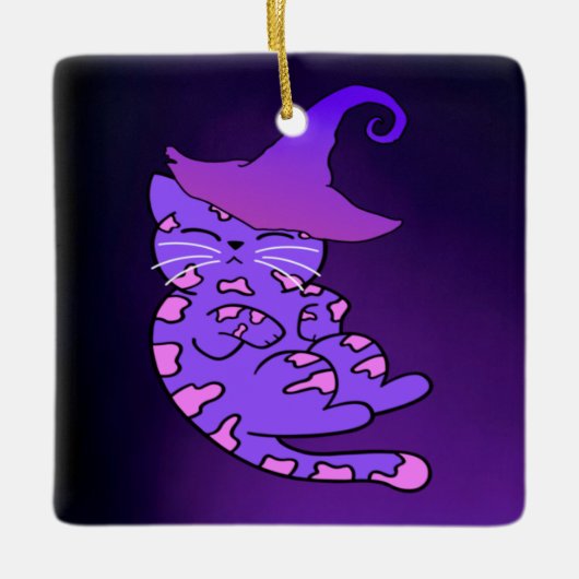 Cute Paarse Kitten met Witch Pet Keramisch Ornament (Voorkant)