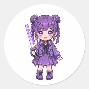 Cute Paarse KPop Demon Hunter T-Shirt - Kawaii Ani Ronde Sticker