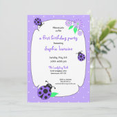 Cute Paarse Ladybug Invitation Kaart (Staand voorkant)