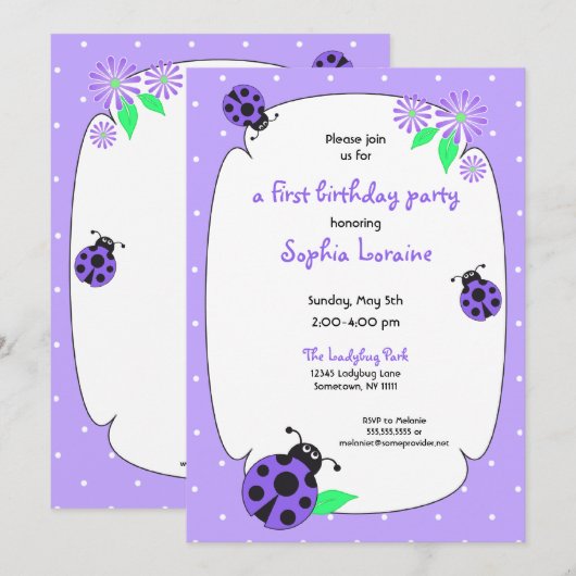 Cute Paarse Ladybug Invitation Kaart (Voorkant / Achterkant)